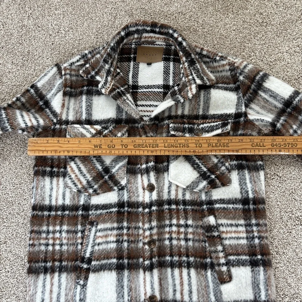 Blank NYC Womens Small Plaid Shacket Jacket Fuzzy Button Down‎ Brown White